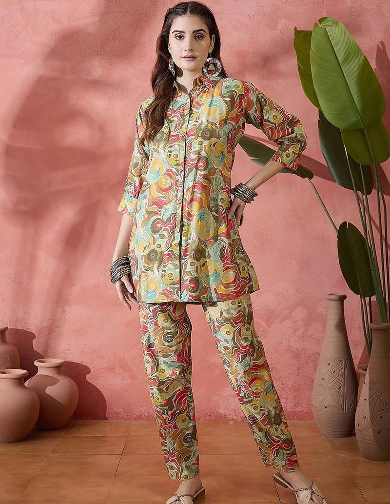 Brown and yellow printed shirt collar tunic with trouser