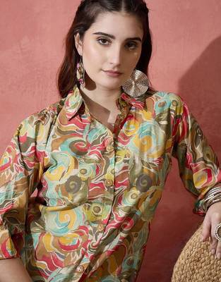 Brown and yellow printed shirt collar tunic with trouser 2