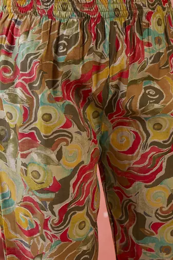 Brown and yellow printed shirt collar tunic with trouser