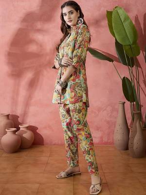 Brown and yellow printed shirt collar tunic with trouser 5