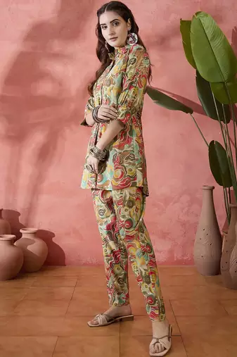 Brown and yellow printed shirt collar tunic with trouser