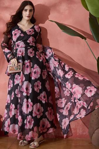 Floral printed wrap ethnic dress with dupatta
