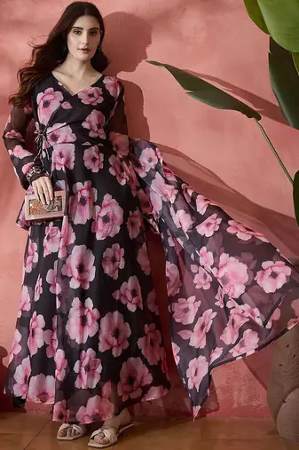 Floral printed wrap ethnic dress with dupatta