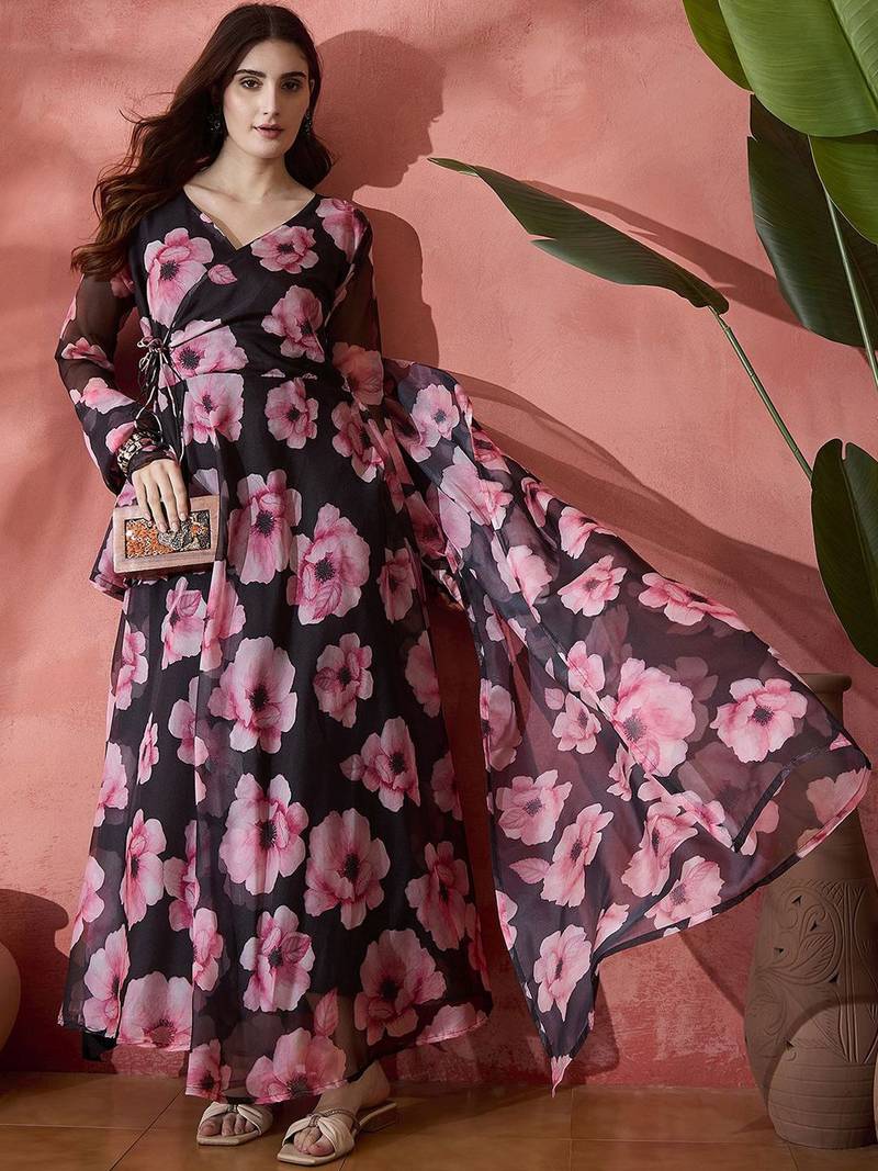 Floral printed wrap ethnic dress with dupatta