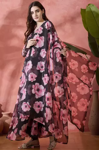 Floral printed wrap ethnic dress with dupatta