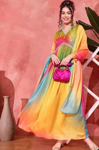 Tie & dye printed cording sequence a line ethnic dress with dupatta