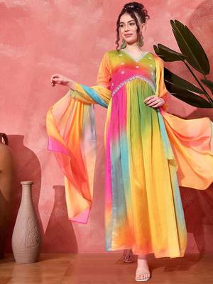 Tie & dye printed cording sequence a line ethnic dress with dupatta 5