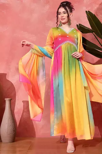 Tie & dye printed cording sequence a line ethnic dress with dupatta