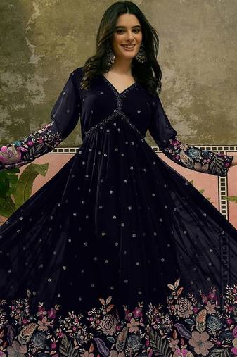 Embroidered v-neck fit & flare ethnic dresses