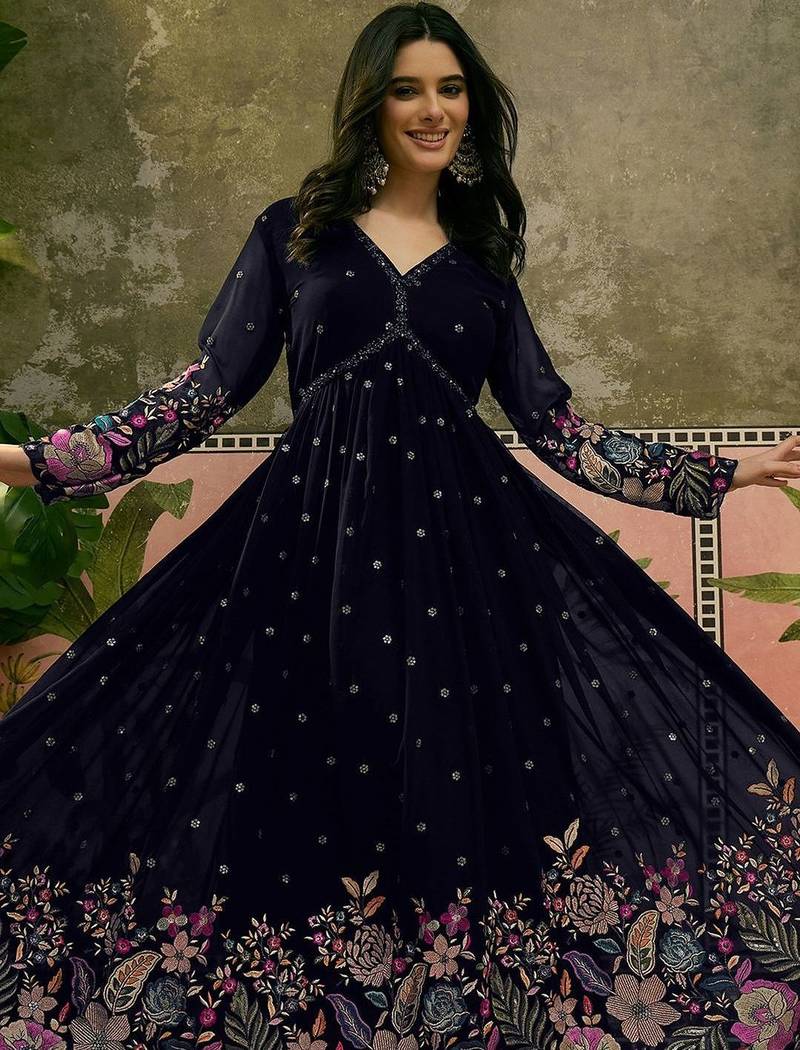 Embroidered v-neck fit & flare ethnic dresses