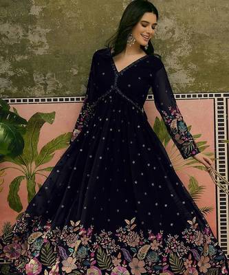Embroidered v-neck fit & flare ethnic dresses 2