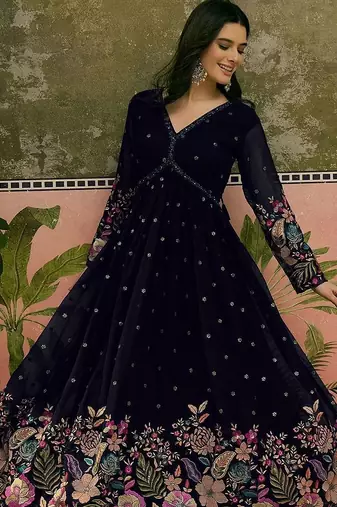 Embroidered v-neck fit & flare ethnic dresses