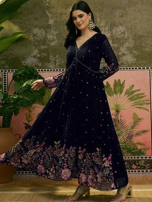 Embroidered v-neck fit & flare ethnic dresses 3