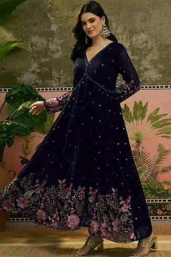 Embroidered v-neck fit & flare ethnic dresses