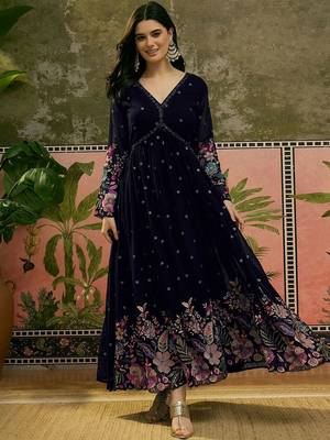 Embroidered v-neck fit & flare ethnic dresses 4