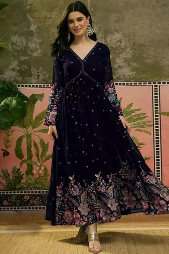 Embroidered v-neck fit & flare ethnic dresses