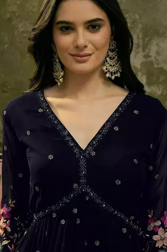 Embroidered v-neck fit & flare ethnic dresses