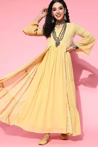 Ethnic motifs zari sequined embroidered georgette maxi ethnic dresses