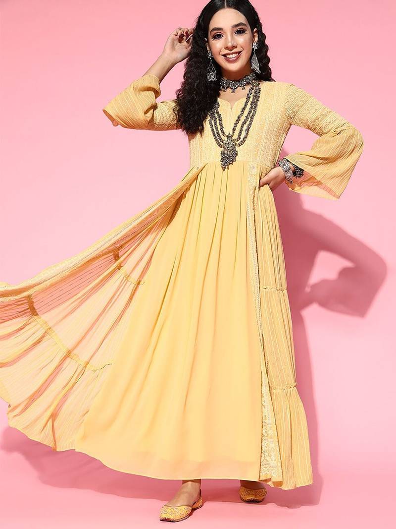 Ethnic motifs zari sequined embroidered georgette maxi ethnic dresses