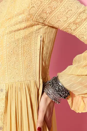 Ethnic motifs zari sequined embroidered georgette maxi ethnic dresses
