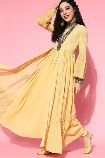 Ethnic motifs zari sequined embroidered georgette maxi ethnic dresses