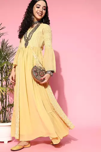 Ethnic motifs zari sequined embroidered georgette maxi ethnic dresses