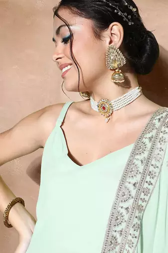 Zari sequence embroidered bordered a-line ethnic dress with dupatta