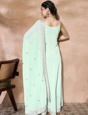 Zari sequence embroidered bordered a-line ethnic dress with dupatta 4