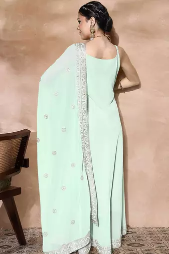 Zari sequence embroidered bordered a-line ethnic dress with dupatta