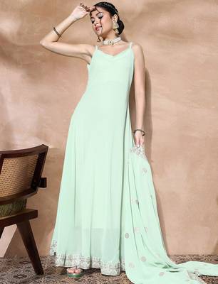 Zari sequence embroidered bordered a-line ethnic dress with dupatta 5