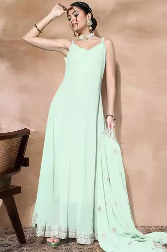 Zari sequence embroidered bordered a-line ethnic dress with dupatta