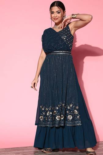 Women embroidered a-line draped flared gown ethnic dress