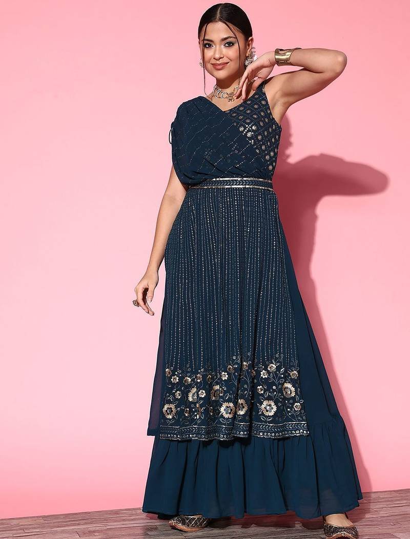 Women embroidered a-line draped flared gown ethnic dress