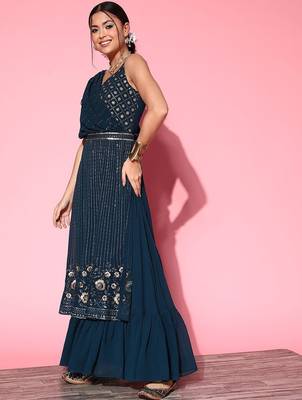 Women embroidered a-line draped flared gown ethnic dress 3