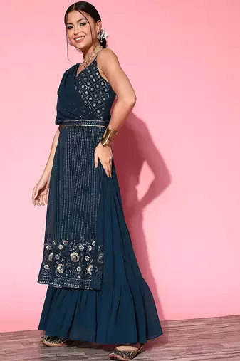 Women embroidered a-line draped flared gown ethnic dress