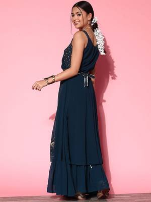 Women embroidered a-line draped flared gown ethnic dress 4