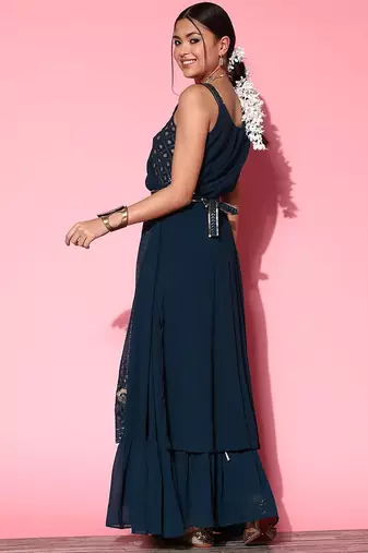 Women embroidered a-line draped flared gown ethnic dress