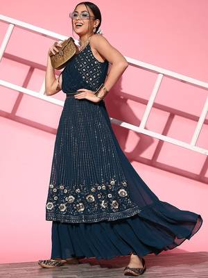 Women embroidered a-line draped flared gown ethnic dress 5