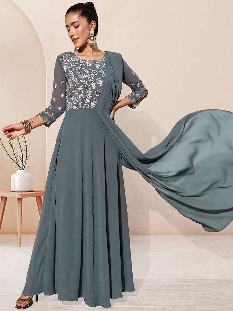 Sequence embroidered draped a-line gown ethnic dress