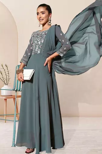 Sequence embroidered draped a-line gown ethnic dress