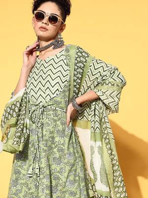 Printed pure cotton a-line kurta with sharara & dupatta set 2