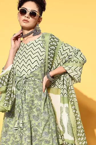 Printed pure cotton a-line kurta with sharara & dupatta set