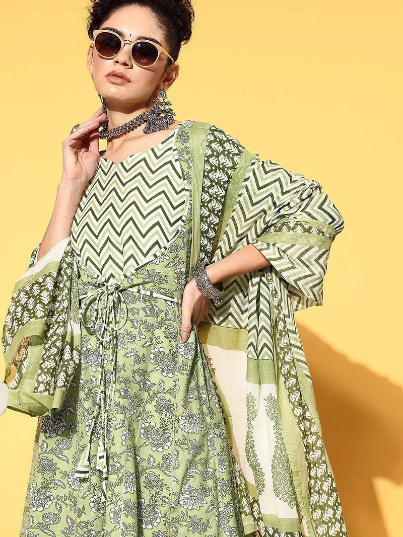 Printed pure cotton a-line kurta with sharara & dupatta set