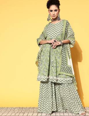 Printed pure cotton a-line kurta with sharara & dupatta set 1