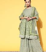 Printed pure cotton a-line kurta with sharara & dupatta set