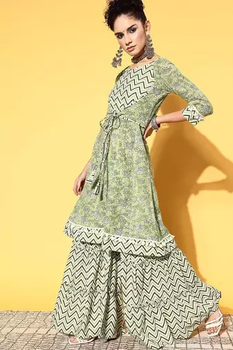 Printed pure cotton a-line kurta with sharara & dupatta set