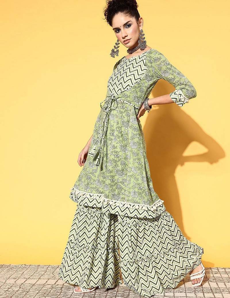 Printed pure cotton a-line kurta with sharara & dupatta set