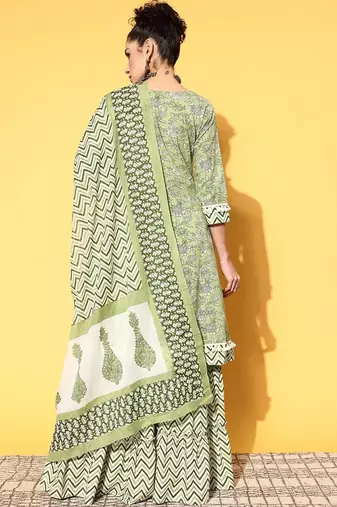 Printed pure cotton a-line kurta with sharara & dupatta set