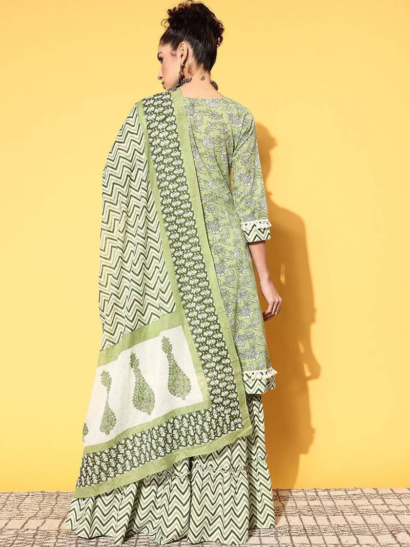 Printed pure cotton a-line kurta with sharara & dupatta set