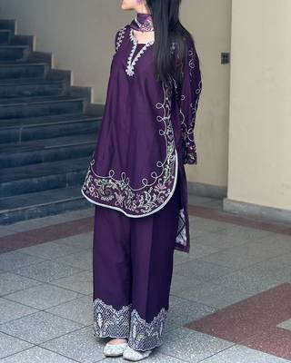 Purple french crepe embroidered kurti palazzo set with printed dupatta 1